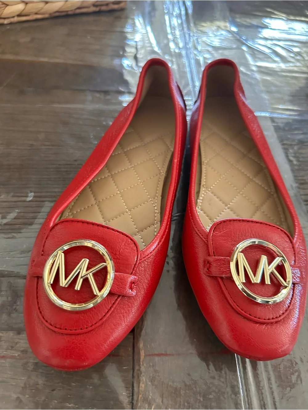 Michael Kors Red Leather Ballet Flats with Gold Logo Hardware